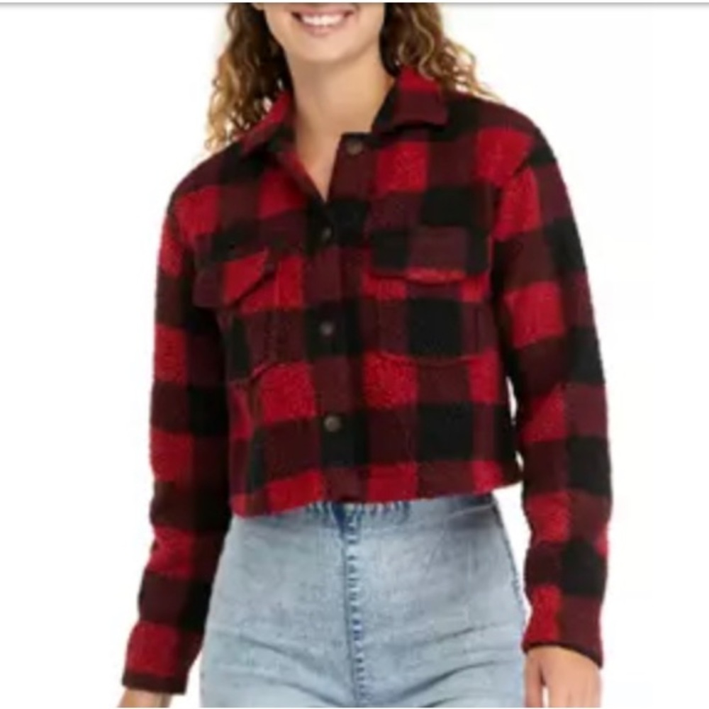 Love Fire Sherpa Black & Red Plaid Cropped Button Down Jacket